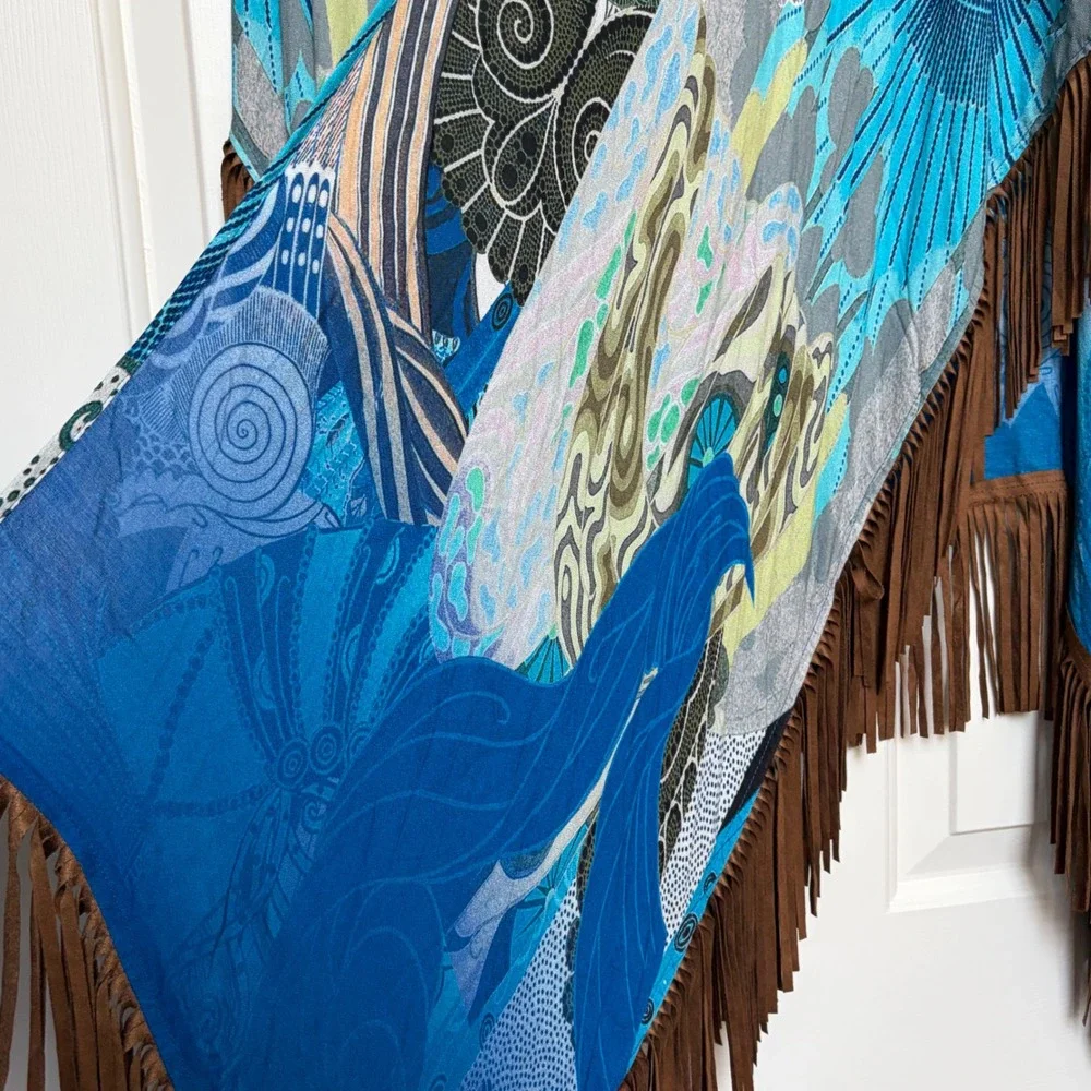 Chicos Imperial Peacock Fringe Ruana Shawl Wrap‎ Scarf NEW Festival Boho Western